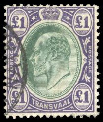 Transvaal #280 Cat$52.50, 1904 £1 violet and green, used