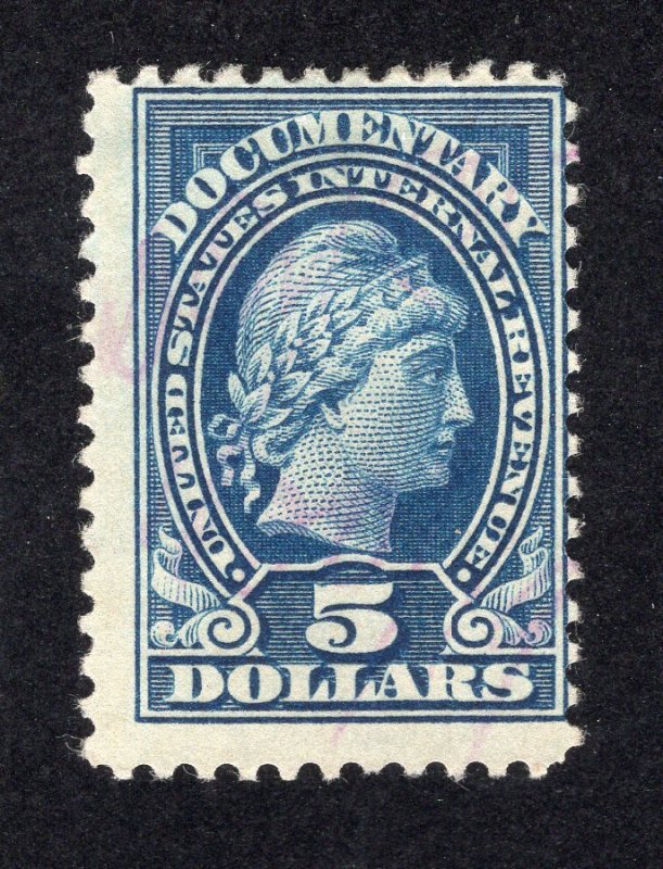 US 1917 $5 dark blue Revenue, Scott R244 used, value = 35c