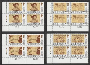 Guernsey 556-559 Christopher Columbus Portrait plate block LL set 4x4 MNH 1992