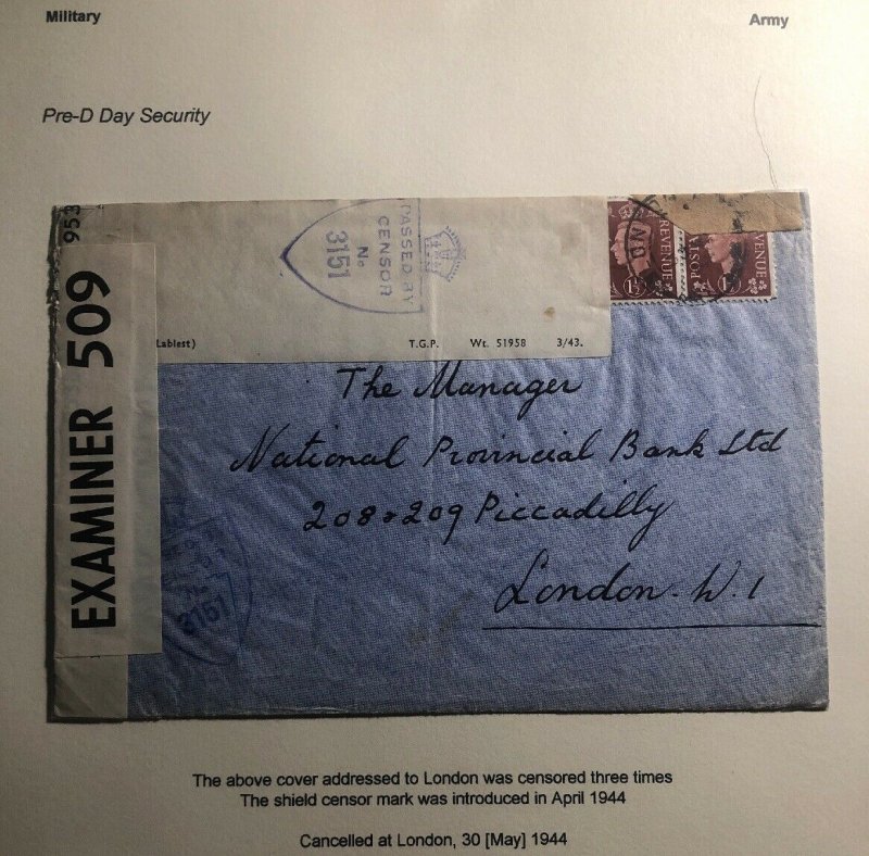 1944 England Pre D Day Security Censor Cover To Provincial Bank London