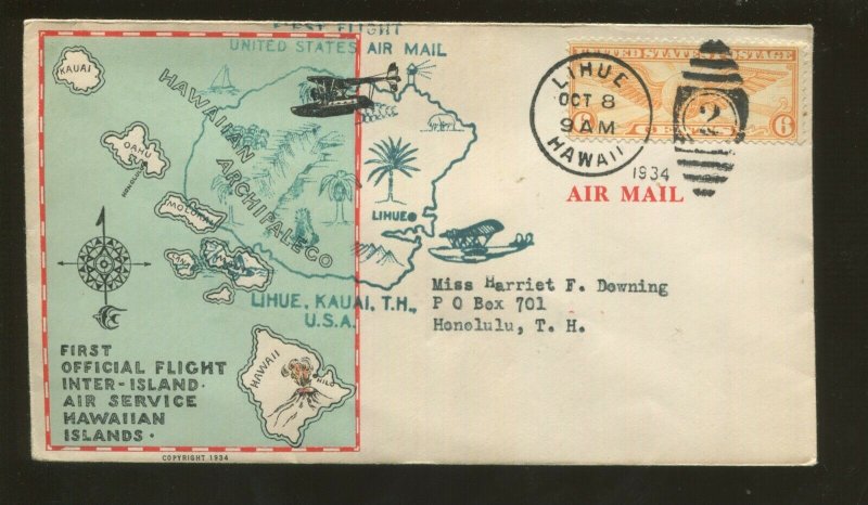 1934 Lihue to Honolulu Hawaii Inter-Island Air Mail First Flight Postal Cover