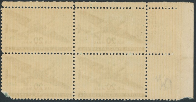 US C29 20 cent Air Mail; MNH; Plate block 22760 -- see details and scans