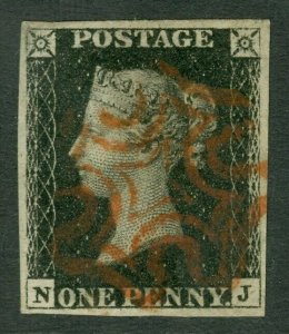 SG 2 1d black plate 6 lettered NJ. Very fine used with a red Maltese cross...