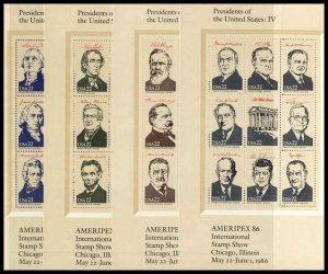 Ameripex 1986 US Presidents, 4 Mini Sheets of 9 ea Sc #2216-19 MNH