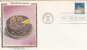 USA 1987 FDC Sc 2272 22c Cake Happy Birthday! Colorano Silk Cachet