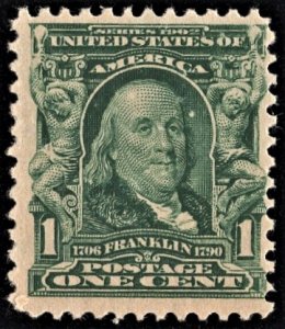 US 300 MNH VF 1 Cent Franklin Single Blue Green CV $30