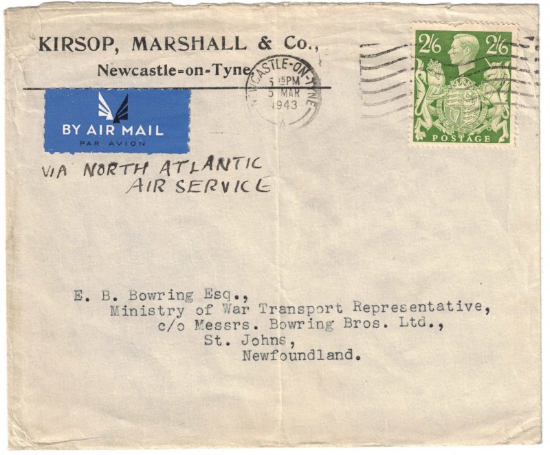 Great Britain - 1943 War Air Mail Cover to Newfoundland SG476a