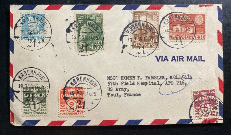 1954 Copenhagen Denmark Airmail Cover To US Army Toul France 