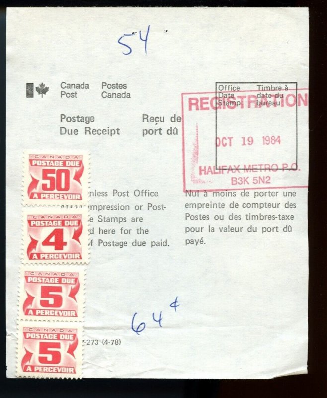 ?64 cents of POSTAGE DUEs on receipt Registration 1984 slip cover Canada