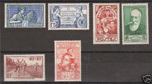 France Sc 224/B84 MLH. 1924-39 issues,  6 diff better singles, fresh, bright,
