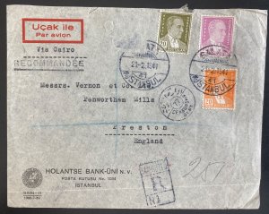1941 Istanbul Turkey Holland Bank Airmail Commercial Cover To Preston England