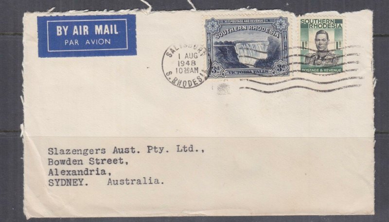 SOUTHERN RHODESIA, 1948 Airmail cover to Australia, KGVI 1s., Victoria Falls 3d