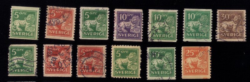 Sweden 1920-1925 Scott #116-125 Heraldic Lion Supporting Arms 13 Total  F-VF