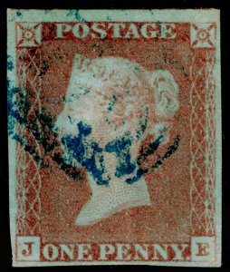 SG9, 1d pale red-brown, FINE USED. Cat £250. BLUE POSTMARK. 4 MARGINS. JE