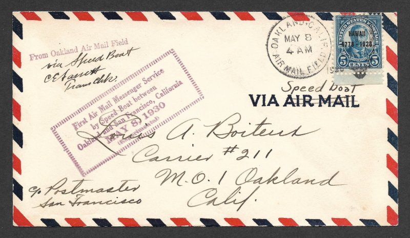 Doyle's_Stamps: California Speedboat Mail Service Cover w/1928 5c Hawaii Ovpt