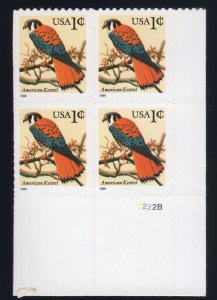 Scott #3031 American Kestrel 1999 Plate Block of 4 Flag Stamps - MNH