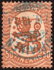 1917, Finland 50p, Coat of Arms, Used, Sc 96, blue cancel