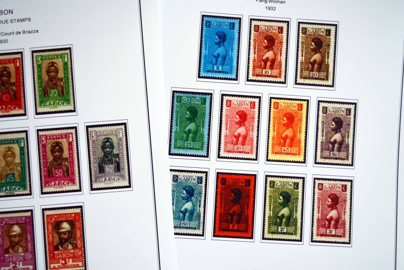 COLOR PRINTED GABON 1886-1933  STAMP ALBUM PAGES (14 illustrated pages)