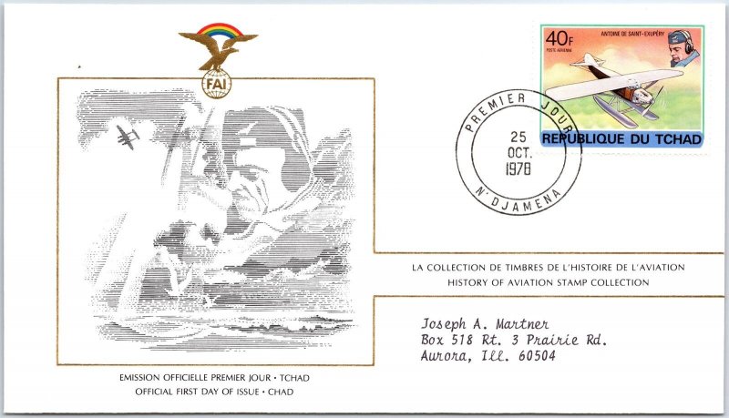 HISTORY OF AVIATION TOPICAL FIRST DAY COVER SERIES 1978 - CHAD REPUBLIC 40F