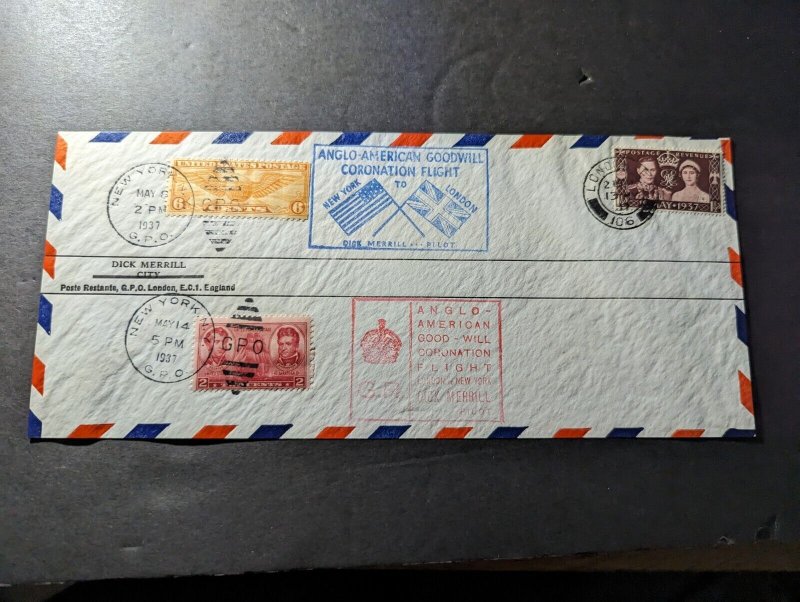 1937 USA England Dual Postage Goodwill Flight Cover NY to London Dick Merrill