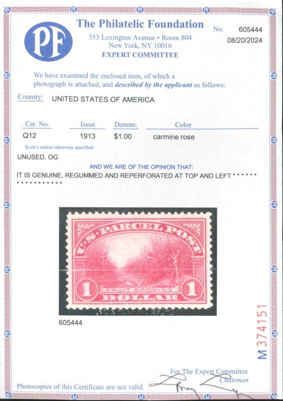 U.S. #Q12 MINT WITH PF CERT