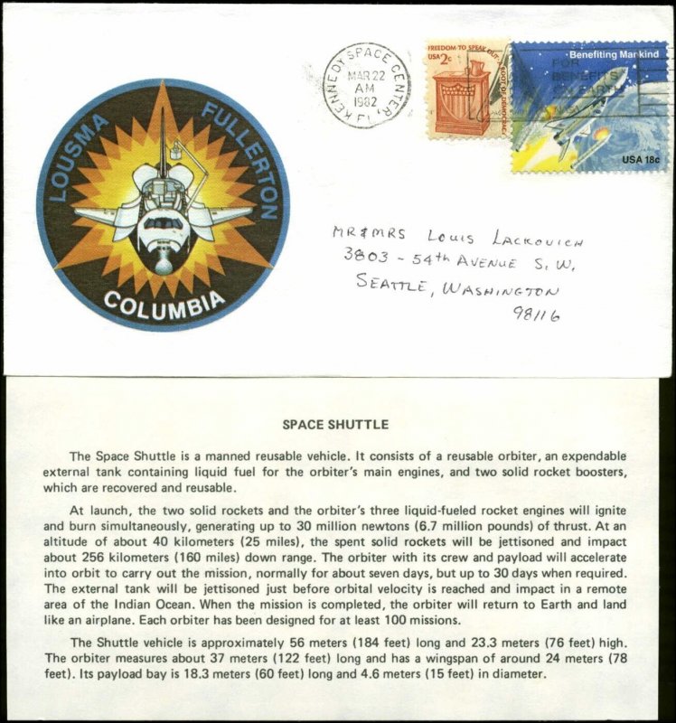 3/22/82 STS-3 Columbia Shuttle Launch Rockwell Cachet Kennedy Space Ctr., FL