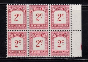 Seychelles stamp #J9, MNH OG, block of 6 w/ selvage