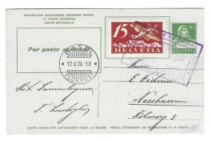 SWITZERLAND 1926 FIRST FLIGHT UPRATED 10 CENT POSTAL CARD WITH SCOTT C3