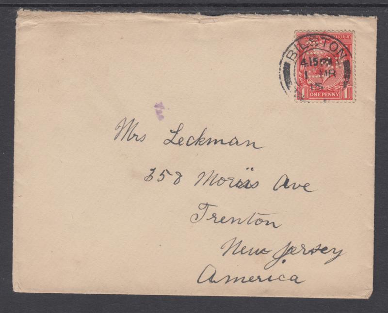 Great Britain Sc 160 perfin TH/G on 1915 cover to US