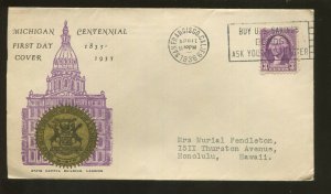 1936 San Francisco California to Honolulu Hawaii Michigan Centennial FDC Cover