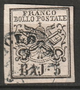 Italy Roman States 1852 Sc 6a Papal States used on pale rose Bologna CDS
