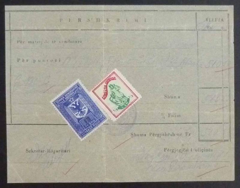 ALBANIA - REVENUE STAMPS ON DOCUMENT RR! albanien stempelmarke italy fiscal J30