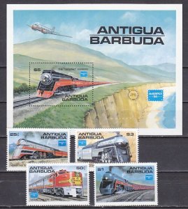 Antigua, Scott cat. 934-937, 938. Trains set & s/sheet.