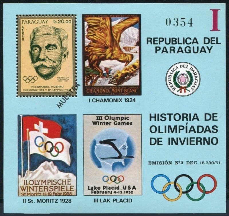 Paraguay C340-C343 Specimen, MNH. Mi Bl.182-185. History of Olympic Games, 1972.