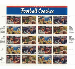 USA Scott # 3147-50 Football Coaches, 1997,Pane of 20  MNH