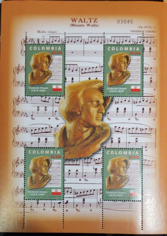 vtaeb.A) 2006, COLOMBIA, PIANIST, FREDERIC CHOPIN, MULTICOLORED, BLOCK OF 4