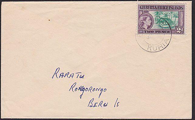 GILBERT & ELLICE IS c1955 local commercial cover KURIA to Beru Island.......6228