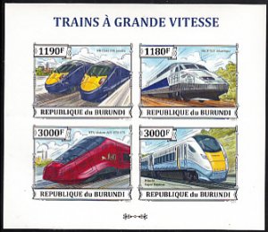 Burundi 2013 MNH Sc #1405 Sheet of 4 High-speed Trains IMPERF