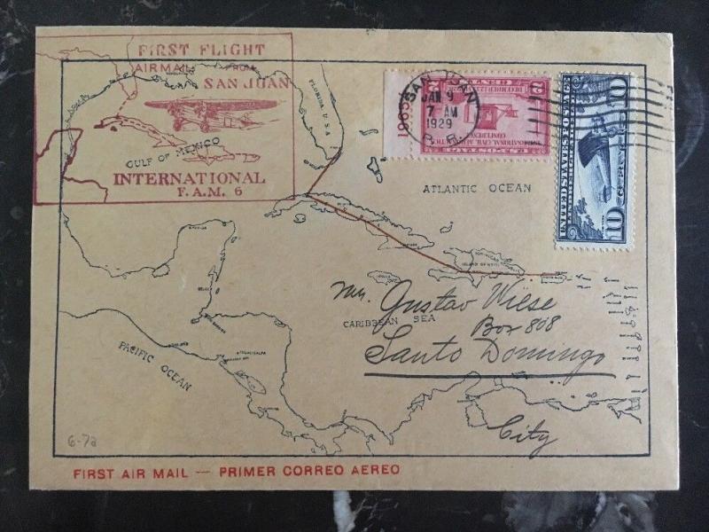 1929 Puerto Rico Usa FFC First Flight Cover FAM 6 PAA To Dominican Re Map Cachet