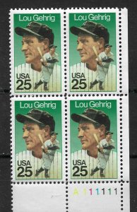 US 1989 Lou Gehrig Baseball 25c Plate Block Scott # 2417 VF MNH**OG