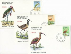 Ivory Coast - Cote d'Ivoire1985  Birds Oiseaux 3 RARE FIRST DAY COVERS