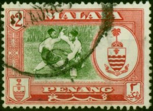 Penang 1960 $2 Bronze-Green & Scarlet SG64 Fine Used