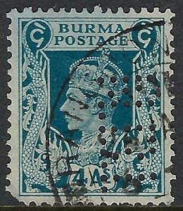 Burma Perfin N.B.I. for National Bank of India on Scott 28 - 4 Annas, inspect