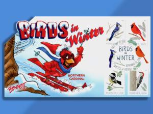 Birds in Winter - Four Species Enjoy Snowy Activities on Pop-Up Cachetoon FDC