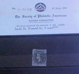 ST. VINCENT #4 STAMP cat.$90.00  WITH CERTIFICATE