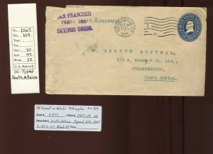 U377 1905 COVER SAN FRANCISCO TO JOHANNESBURG SOUTH AFRICA (CV 250)