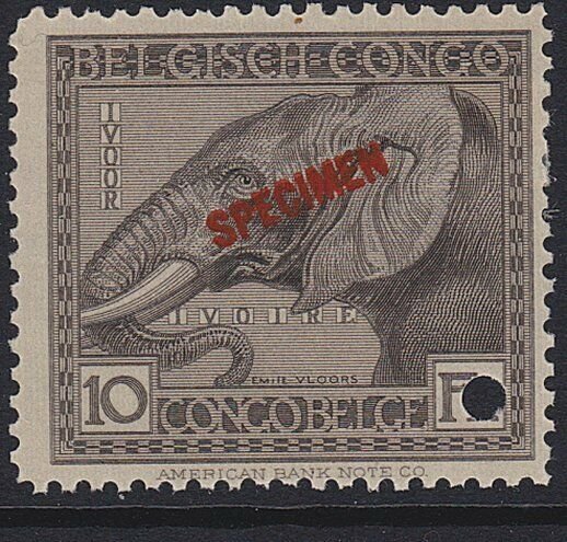 BELGIAN CONGO 1923 10f Elephant SPECIMEN opt in red + security punch hole ..7987