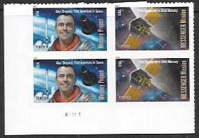 US #4527-28 PB Lower Left.  Alan Shepard Mercury Project.  Space.