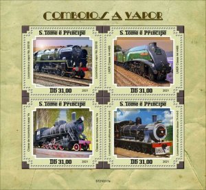 St Thomas - 2021 Steam Trains on Stamps - 4 Stamp Sheet - ST210317a