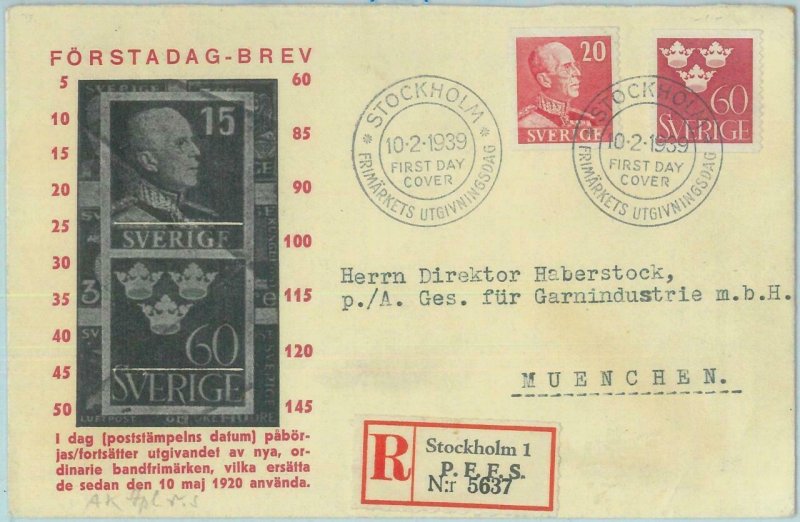 89039 -  SWEDEN - POSTAL HISTORY - CACHET Registered FDC COVER 1939 - ROYALTY